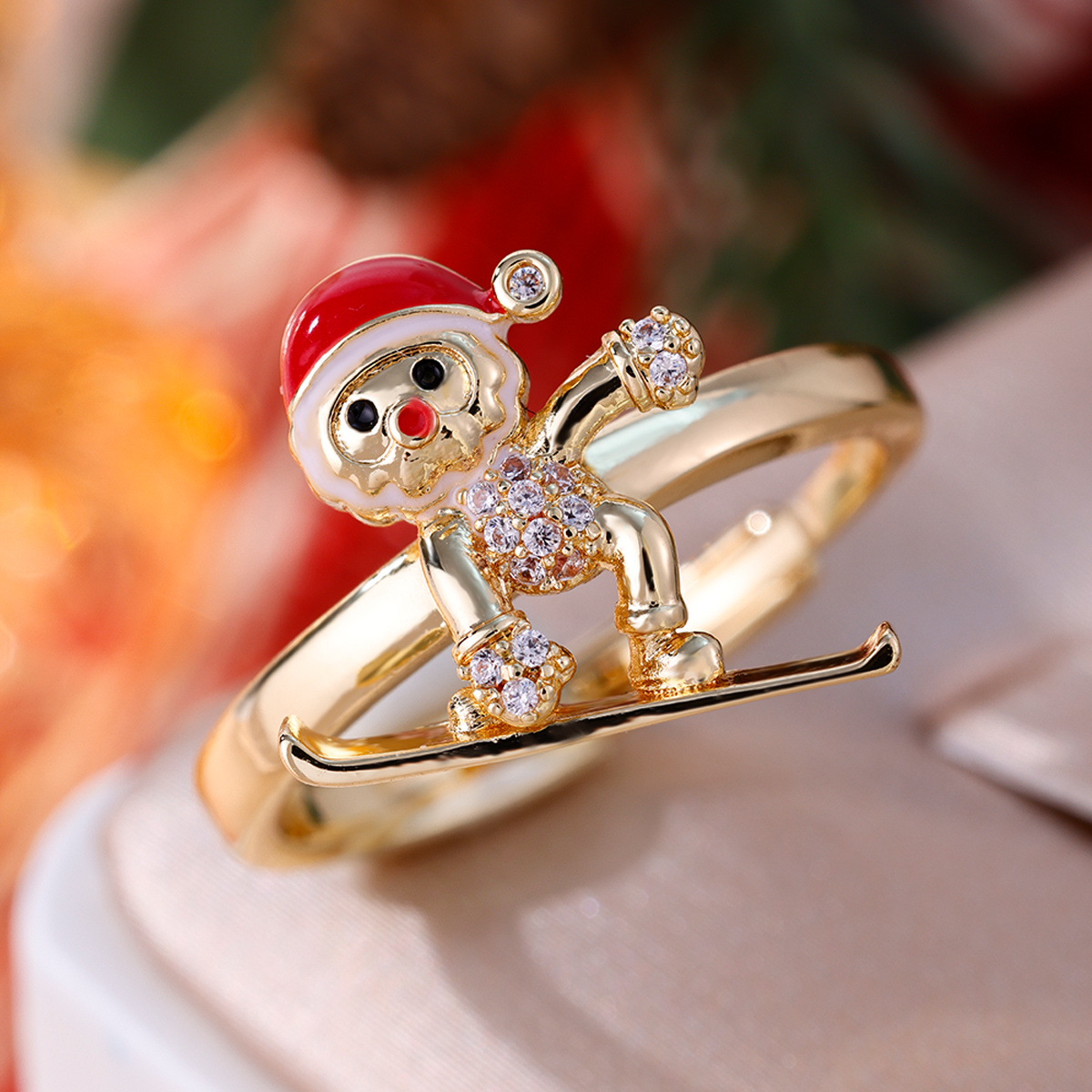 Women's Ski Santa Claus Open Ring with Zirconia