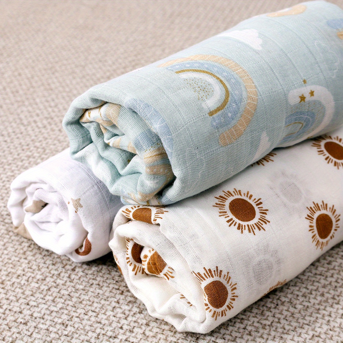 3PCS Sun Rainbow Pattern Soft Receiving Blanket Muslin Baby Blankets