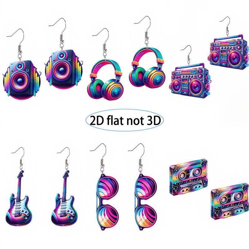 TEMU 2D, 6 juegos de aretes vívidos de guitarra y casete - Accesorios coloridos de acrílico para fiestas de , diseño de dibujos animados vintage, con