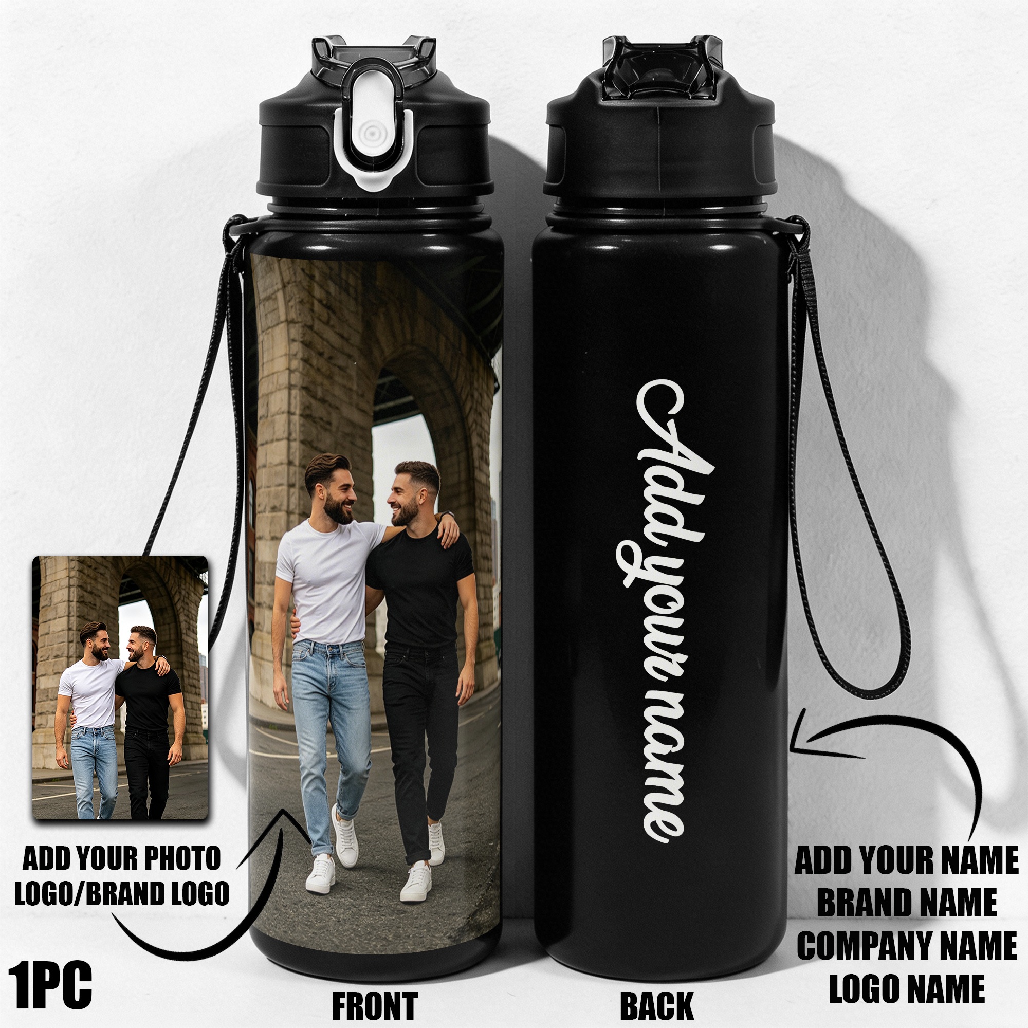 TEMU 1 pièce, Bouteille d'eau personnalisée avec photo, 25 oz/750 ml, -fuite, avec nom pour hommes et femmes, Gourde de sport personnalisée pour de