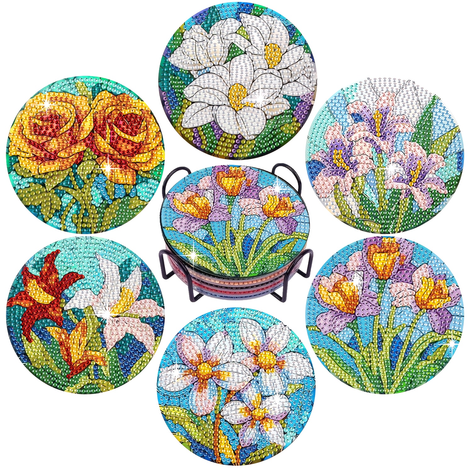 TEMU Een set van 6 stuks 5D Diamant Schilderij Onderzetters met een Standaard, met een Bloemen Thema, Geschikt voor Beginners en Volwassenen om