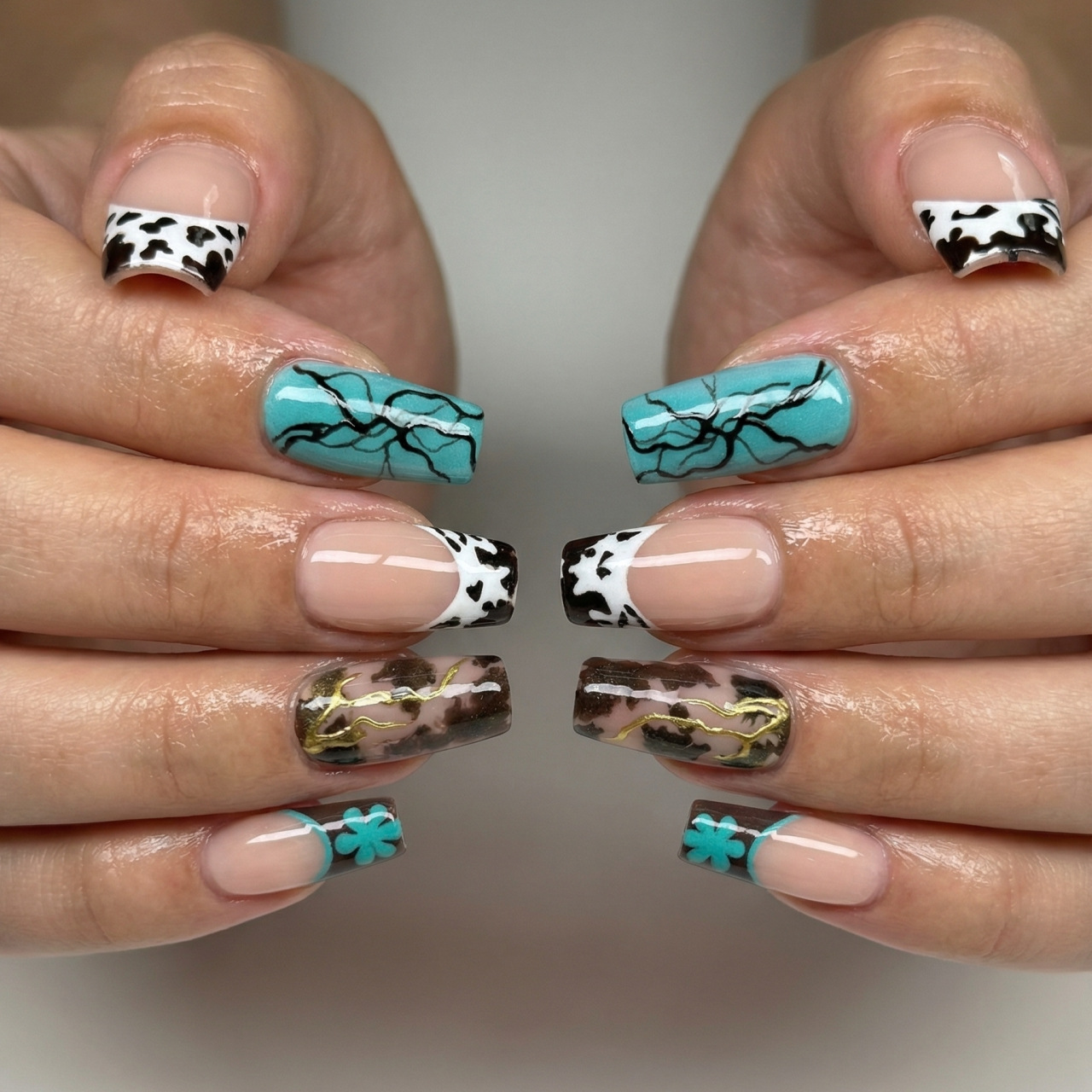 48pcs Marble And Cow On Nails, Suitable For European And Wearable Nail Stickers, With Gilded , Color Block French Tips, Women's Nail Decorations, Nail Products