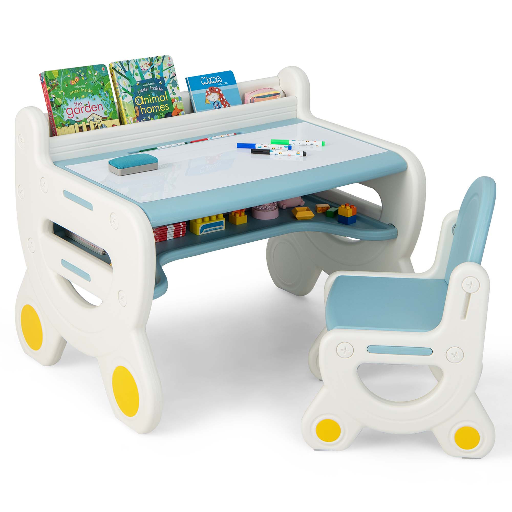 COSTWAY Kids Table and Chair Set with Graffiti Desktop, Bookshelf & Storage Shelf, Watercolor Pens & Eraser - Anti-Slip Foot Pads, Durable Plastic Activity Table and Chair Set for Ages 3-8 Years, Easy Assembly, Space-Saving Design with Lower Storage