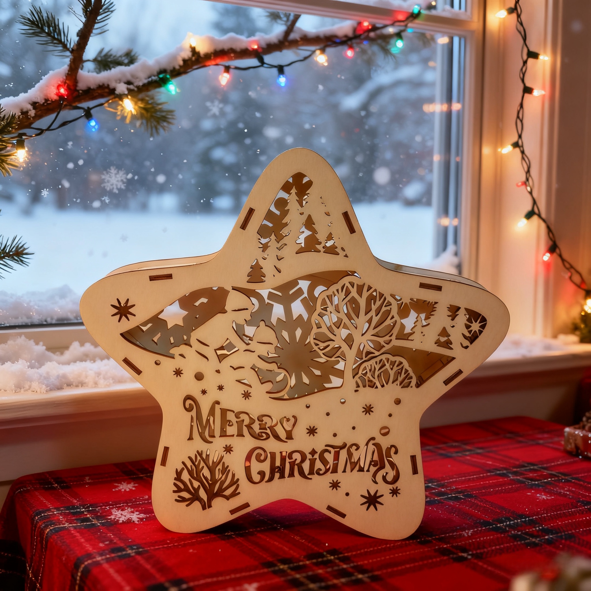 Image of 3d Wooden Christmas Star Decorations - Nativity Scene, Sleigh Reindeer, Xmas Village Cutout Ornaments For Decor