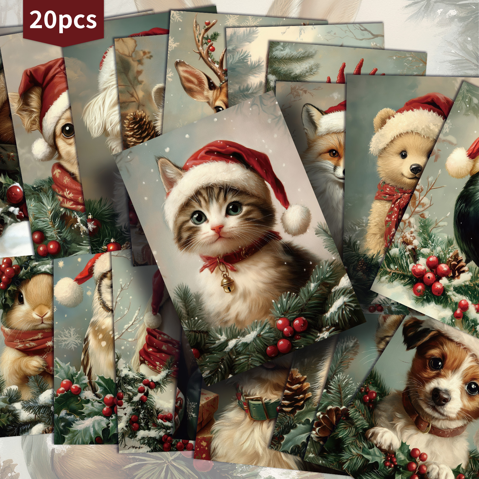 TEMU 20 Pack Vintage Winter Christmas Paper Postcards - 4x6 Inches Vintage Junk Journal Paper, Classic Pinup Illustrations, Collectible Decorative