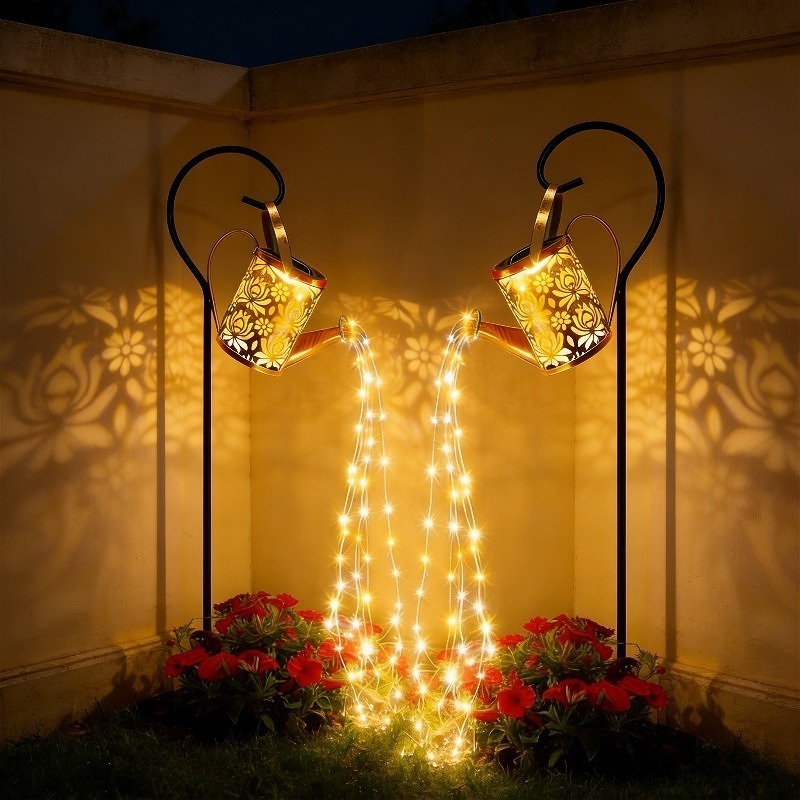 4 pack outdoor solar kettle lights 2 warm multi color kettle 2 shepherd hooks watering can lights fairy lights watering lights kettle lights sprinkler lights waterfall lights suitable for garden lawn farm courtyard decoration
