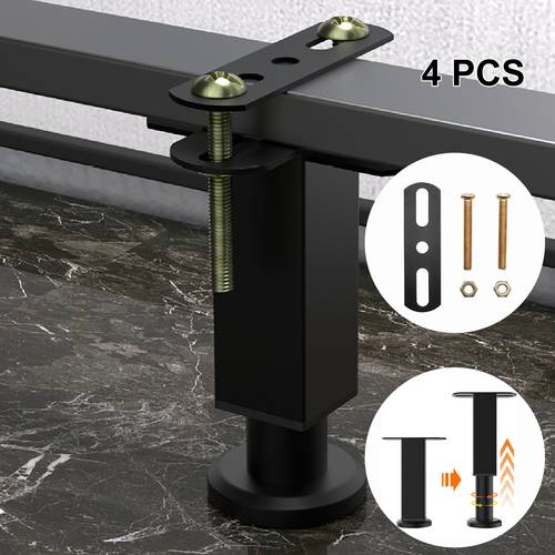four adjustable height bed frame support legs ranging from 7 12 inches come with connecting spacers and screws heavy duty metal furniture legs feature rubber anti slip bases suitable for tv stands coffee tables and