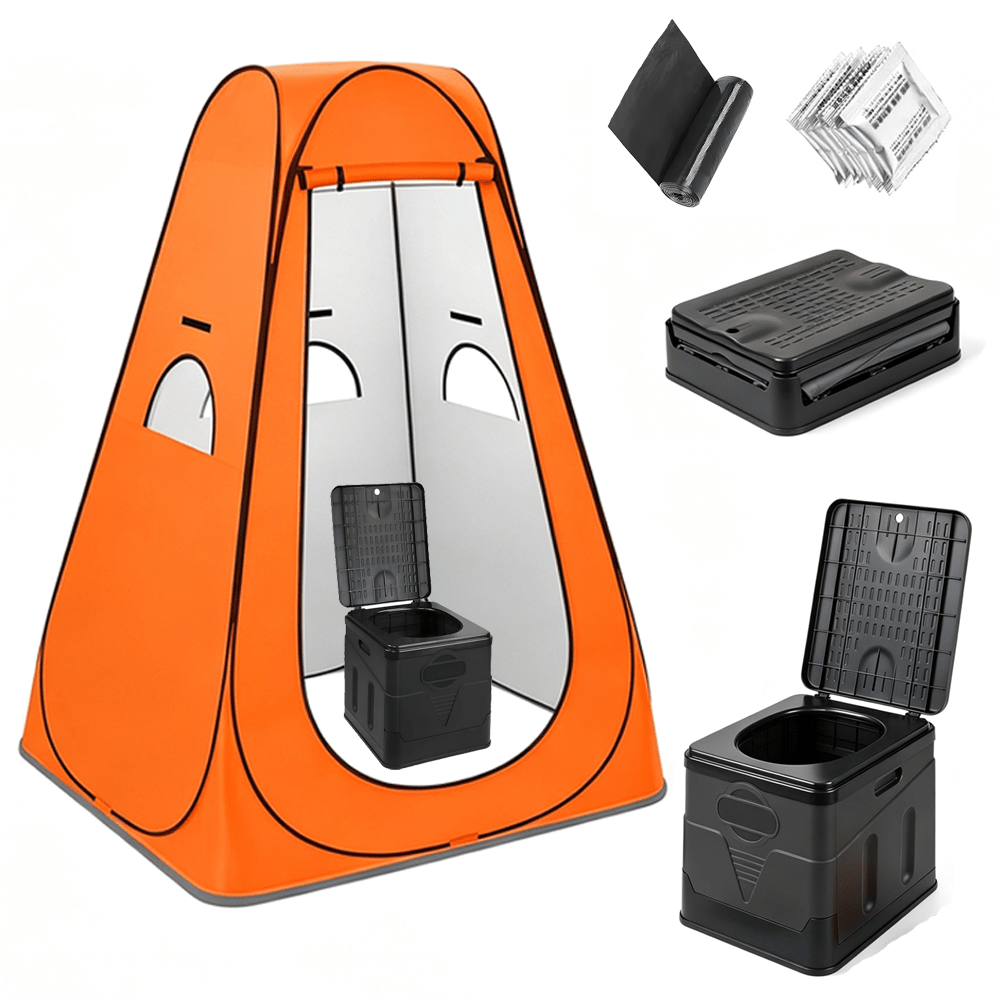 Image of 2pcs Set: Shower Tent And Folding Toilet, Outdoor Quick-setup Single-person Privacy Tent, Space- Portable Toilet Set For Camping, Fishing, Hiking, And Picnics