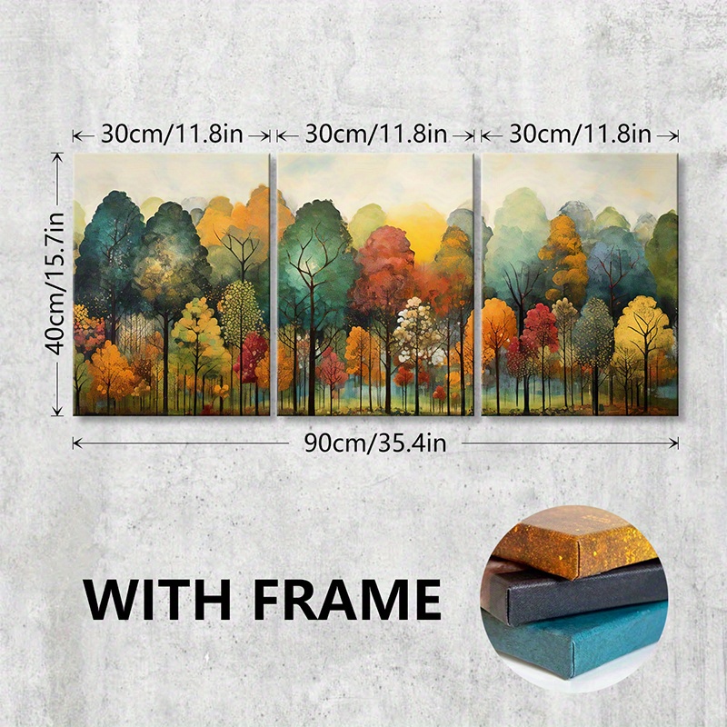 TEMU 3pcs/ Set Wooden Framed Canvas Poster, Retro Abstract Colorful Aesthetic Art, Autumn Forest, Trees, Vintage Wall Art Painting For Living Room,