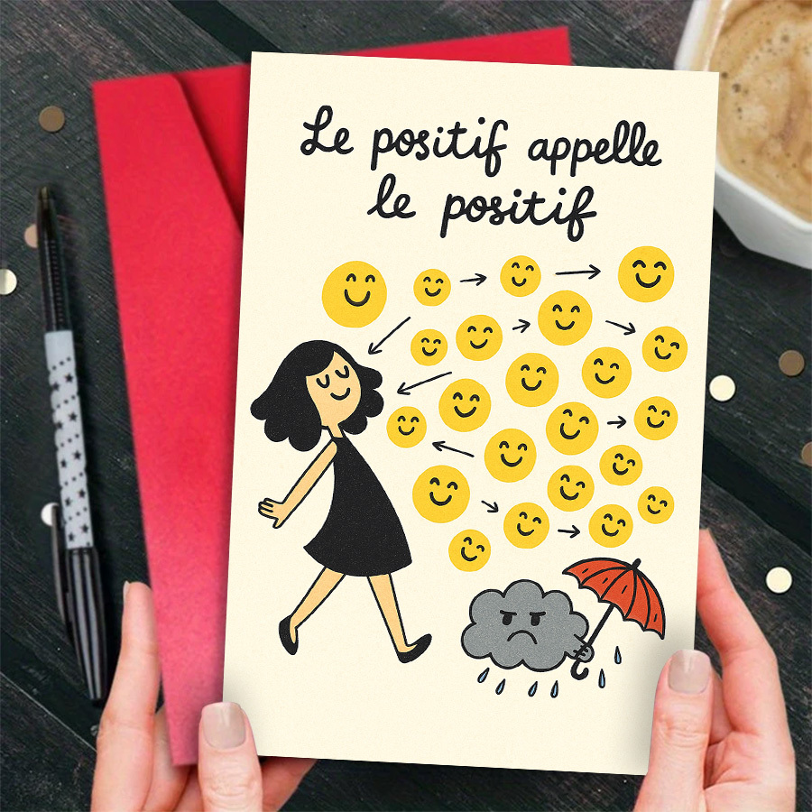 TEMU 1 Carte de vœux française avec un visage et la française "Positivité Appelle Positivité" – Une carte pour amis, collègues ou – Avec un design de