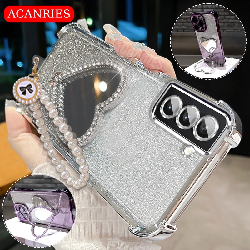 TEMU Phone Case - Acanries Cute Bead Chain Lanyard Heart Bling Kickstand Plated Glitter Gradient Shockproof Phone Case For Galaxy S22 Plus 5g/s22