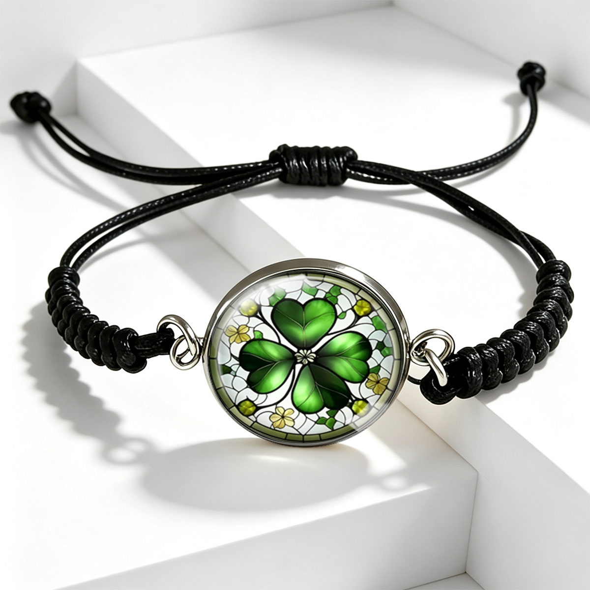 TEMU 1pc Pulsera Unisex Ajustable de Vidrio con Diseño Artístico de de Hojas Estilo Vidrio Pintado, Tejida en Negro