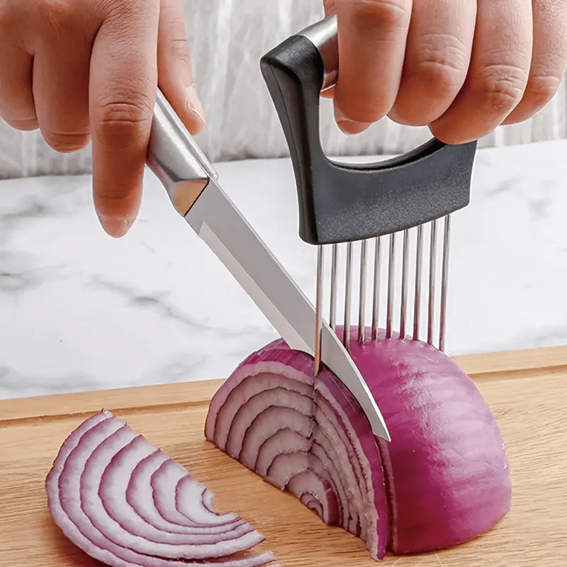Image of 1pc Stainless Steel Onion & Lemon Slicer - Manual, Hand-safe Fruit Cutter For Kitchen And Restaurant Use, For Cutting Fruits And Vegetables, For Outdoor Gatherings