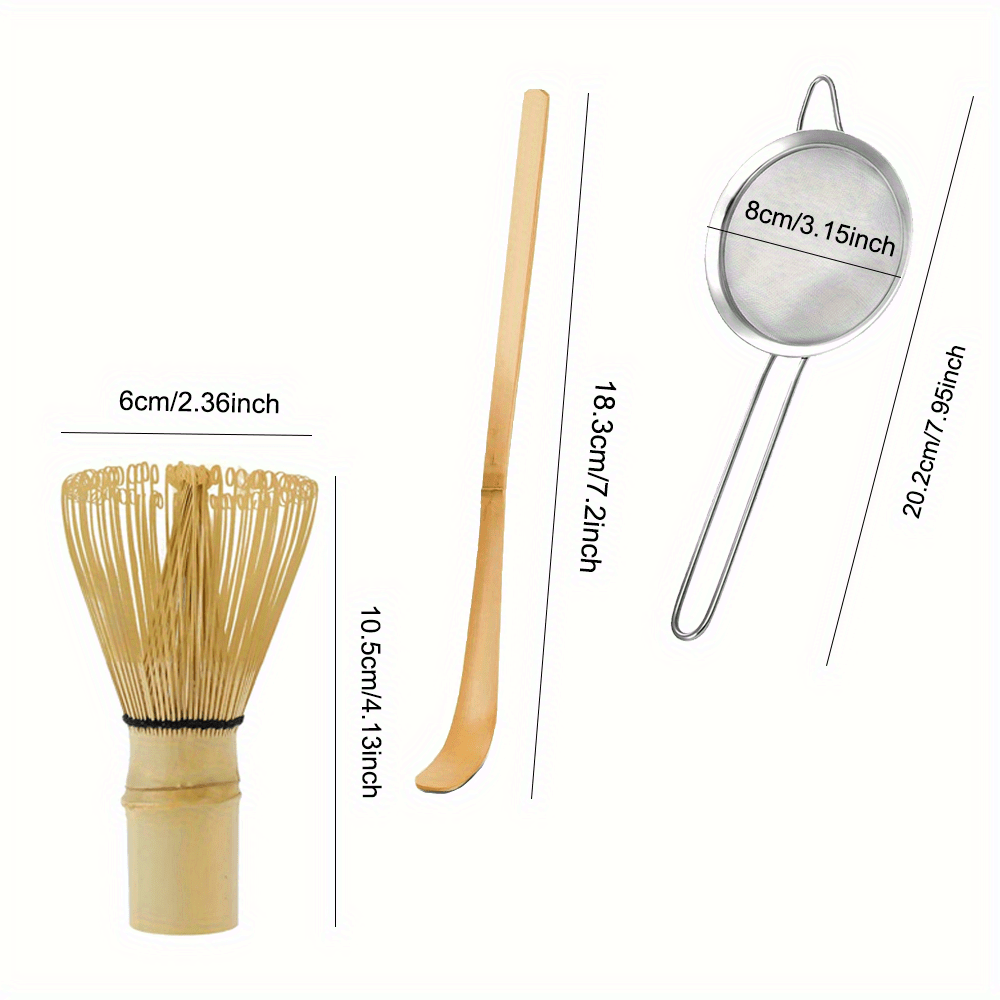 3pcs/set Traditional Matcha , Bamboo Whisk (), Scoop (chashaku), Stainless Steel Sifter, Basic Matcha Tea Making Kit