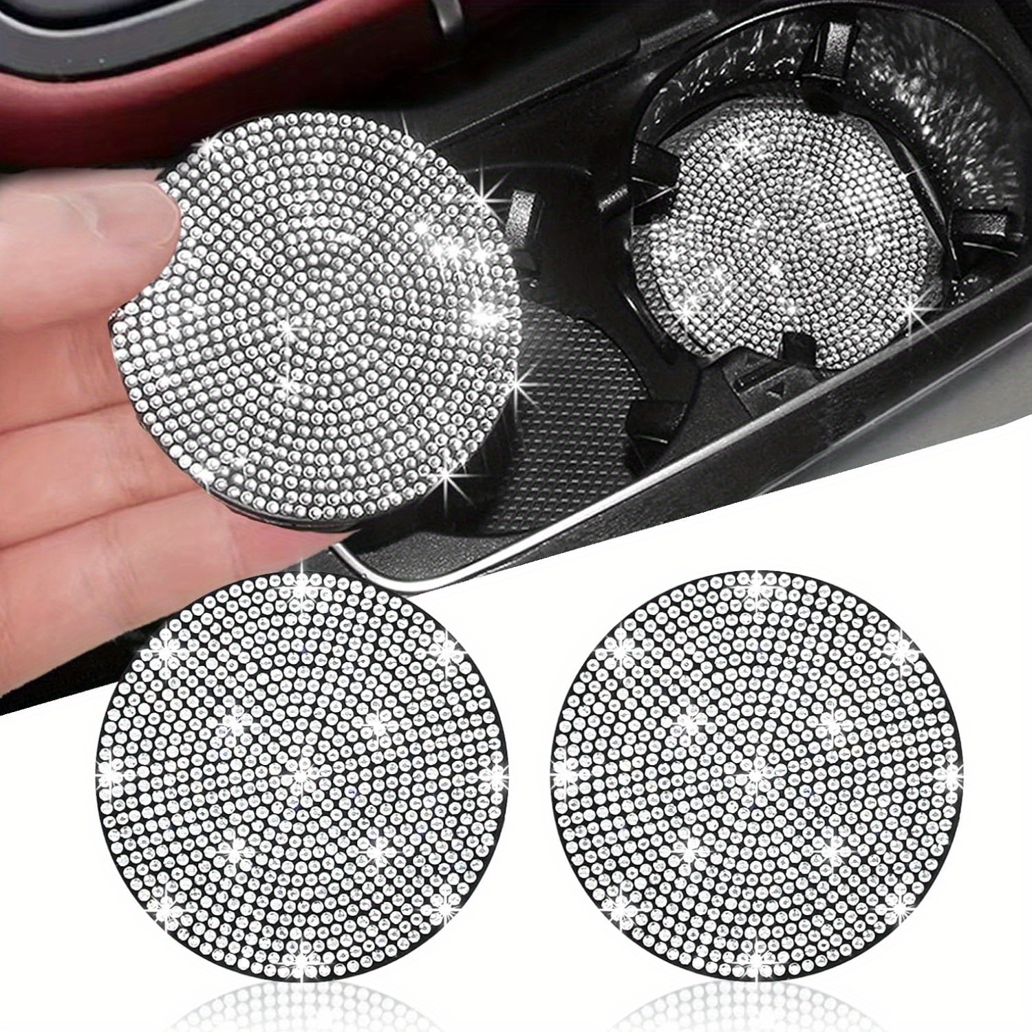 TEMU 2 Shiny Cup Holders And Coasters, 2.75-inch Anti-slip And Shock-absorbing Fashion Coasters, Crystal Interior Accessories