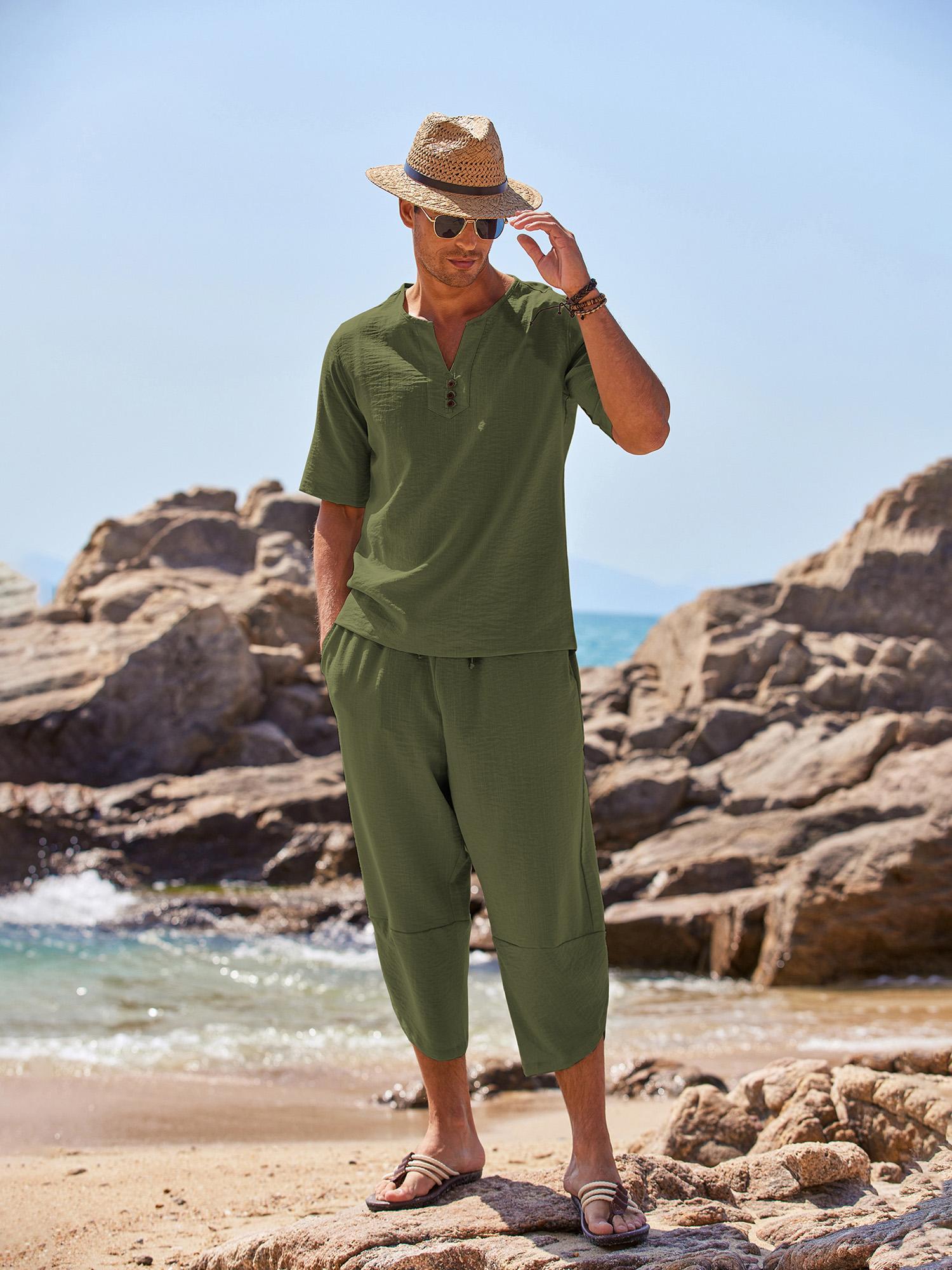 men's : casual short sleeve henley shirt wide leg harem - Temu