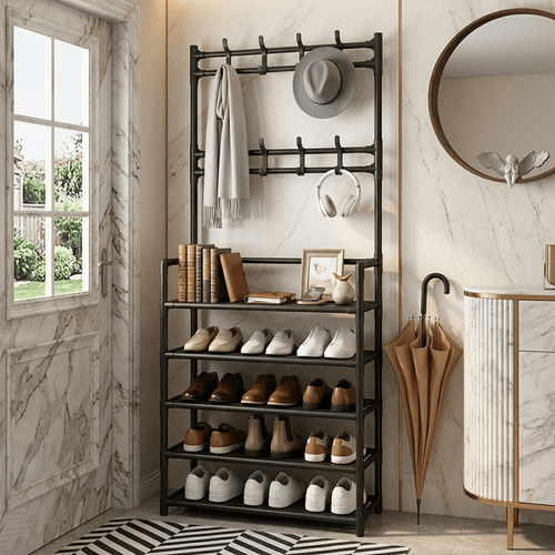 2026 household multi functional 5 tier all in one shoe rack made of non woven fabric this five tier design provides space built in coat hooks for easy hanging of clothes and bags to organize household