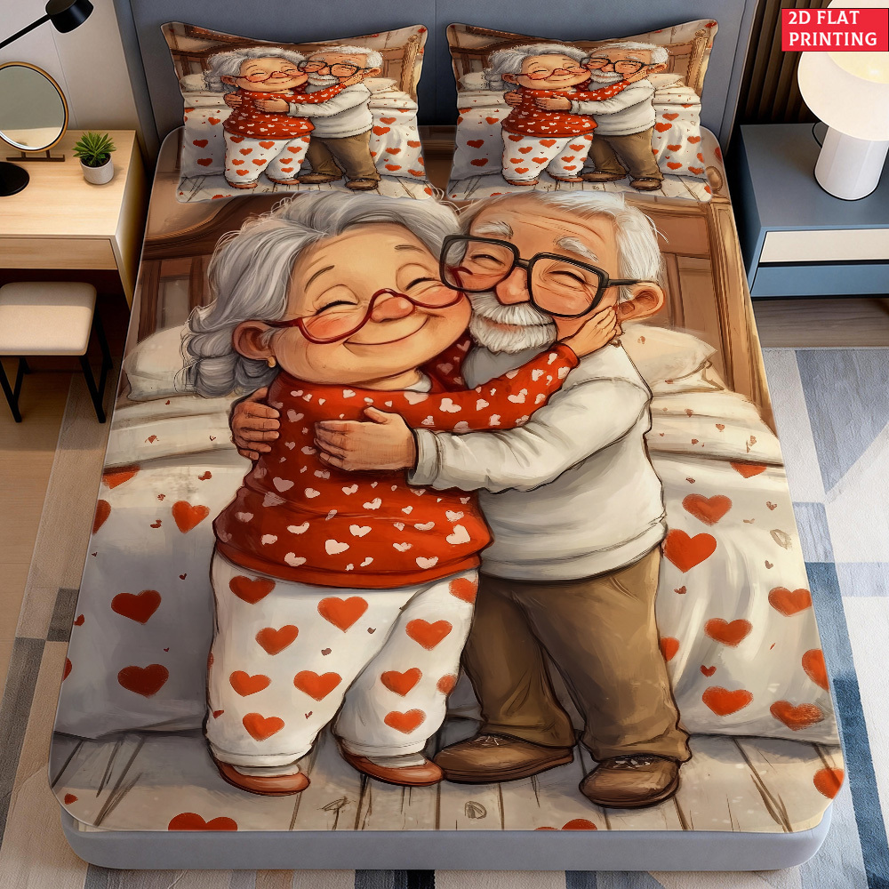 TEMU 2pcs/3pcs Elderly Couple Bedding Suitable For Bedroom Decoration - Fitted Sheet & Half-pillowcases (no Core), Soft Bed Sheets For -friendly,