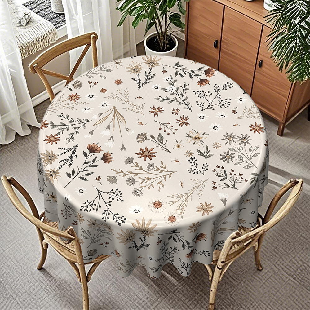 TEMU A 1pc Exquisite Hand-painted Plant Floral Printed Round Tablecloth For Autumn And Winter, Made Of 120g/ã¡ Twill Polyester Material, Serves As A