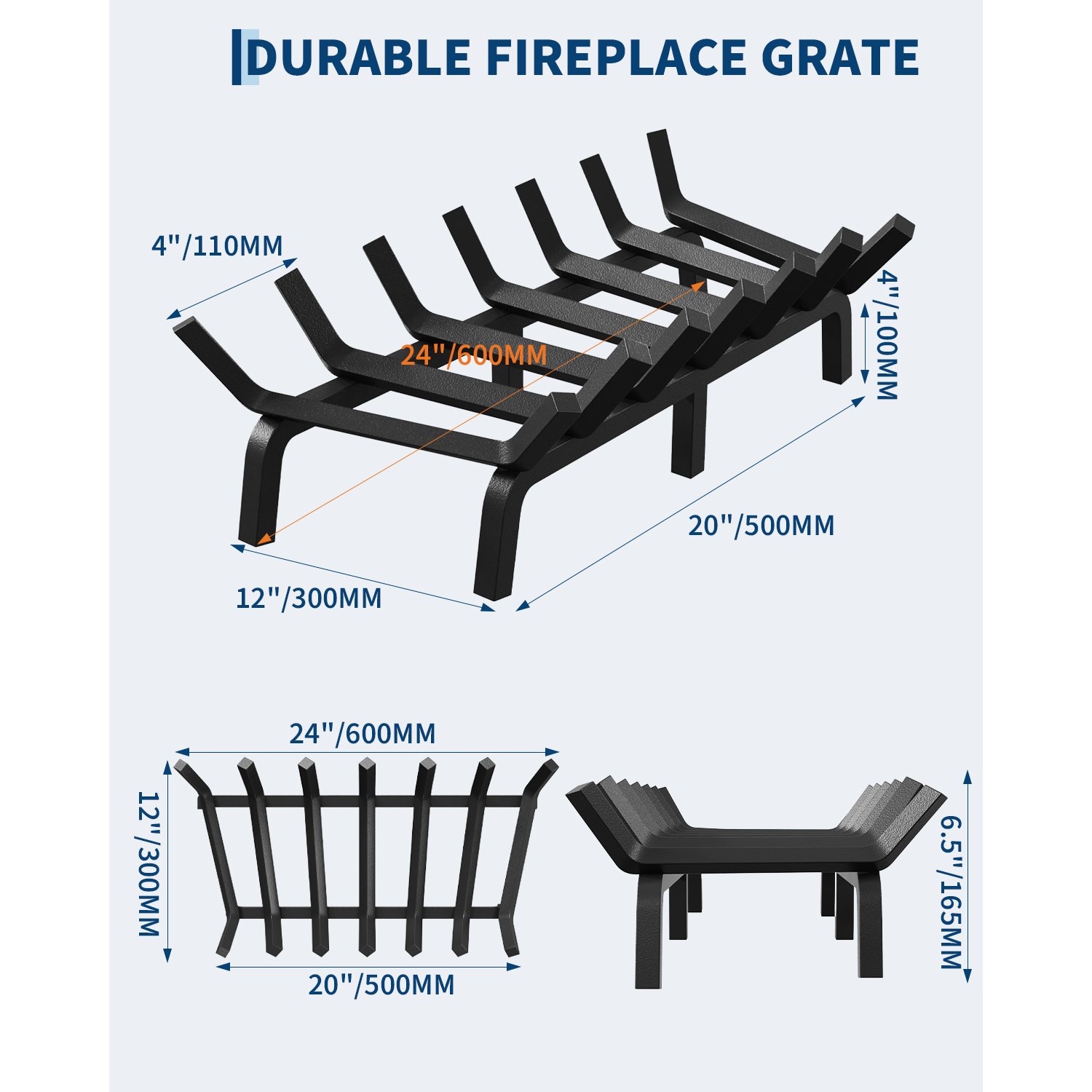 Image of Heavy Duty Fireplace Grate Sturdy Rack With Multiple Support Legs And Bars Powder Coated Indoor Or Outdoor Firewood Holder For Fireplace And Fire Pit Essential