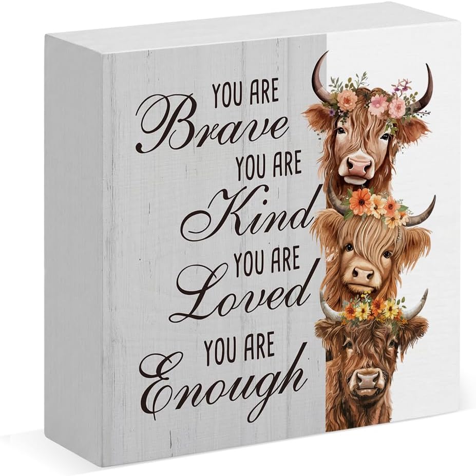 TEMU 1pc Highland Cow Plaque With "you Are Brave Kind Enough" Quote - Pvc Wood Grain Tabletop Decor Suitable For Bedroom,, Dressing Table - Scottish