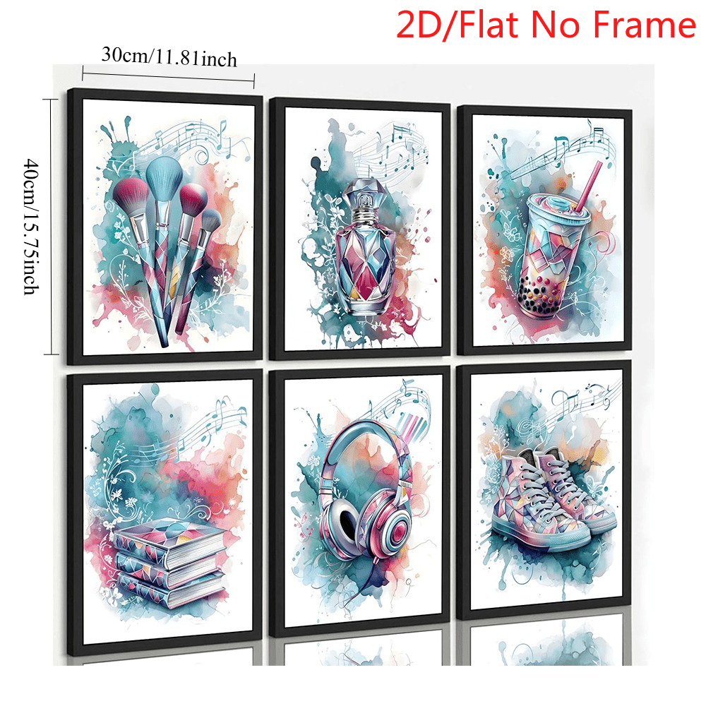 TEMU 2d Flat, Frameless, 6pcs Set, Blue Academic Style, Perfume, Cosmetics, Headphones, Art Print Wall Decor, Suitable For Music Lovers, Girls'
