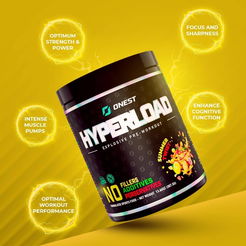 Hyperload Pre Workout Supplement Powder - 387.5g (25 Servings) with L-Citrulline Malate, Alanine & L-Theanine - Energy Booster, Muscle Endurance & for Gym - Performance Enhancer for Men & Women - Summer Twist Flavor