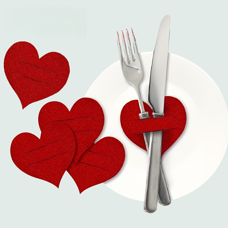 E-shop 20 Stück Valentinstags Herzförmiger Besteckhalter, Rotes Filz Herzförmiges Valentinstagsgeschenk, Besteckbeutel, Tasche, Abendmahl Messer und