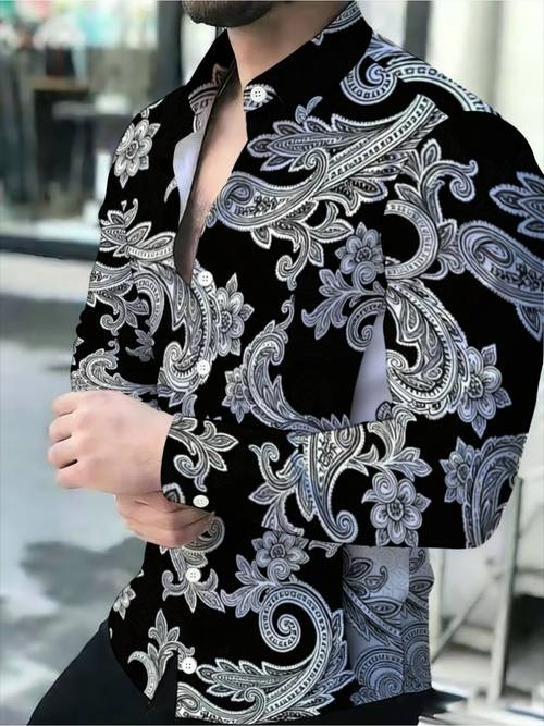 mens black and white paisley pattern shirt vintage casual long sleeve turn collar shirt