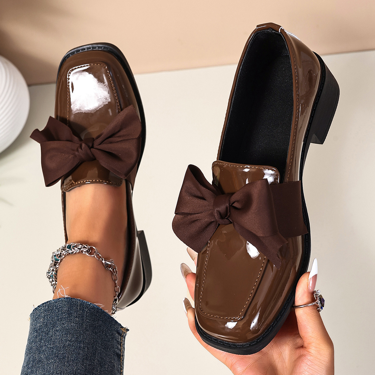 TEMU Women's New Glossy Bow Loafers, Square Toe Chunky Heel Dance Shoes, Women Shoes