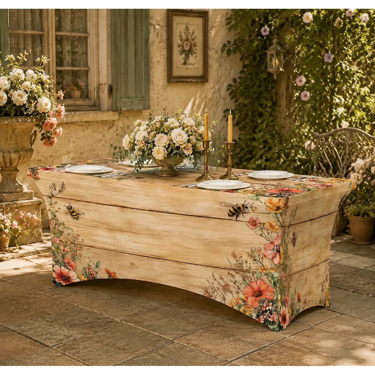 TEMU Nappe rectangulaire 1 pièce, élastique et intégrale, à texture bois rustique avec motif de fleurs colorées et d', pour 4/6/8 pieds, idéale pour