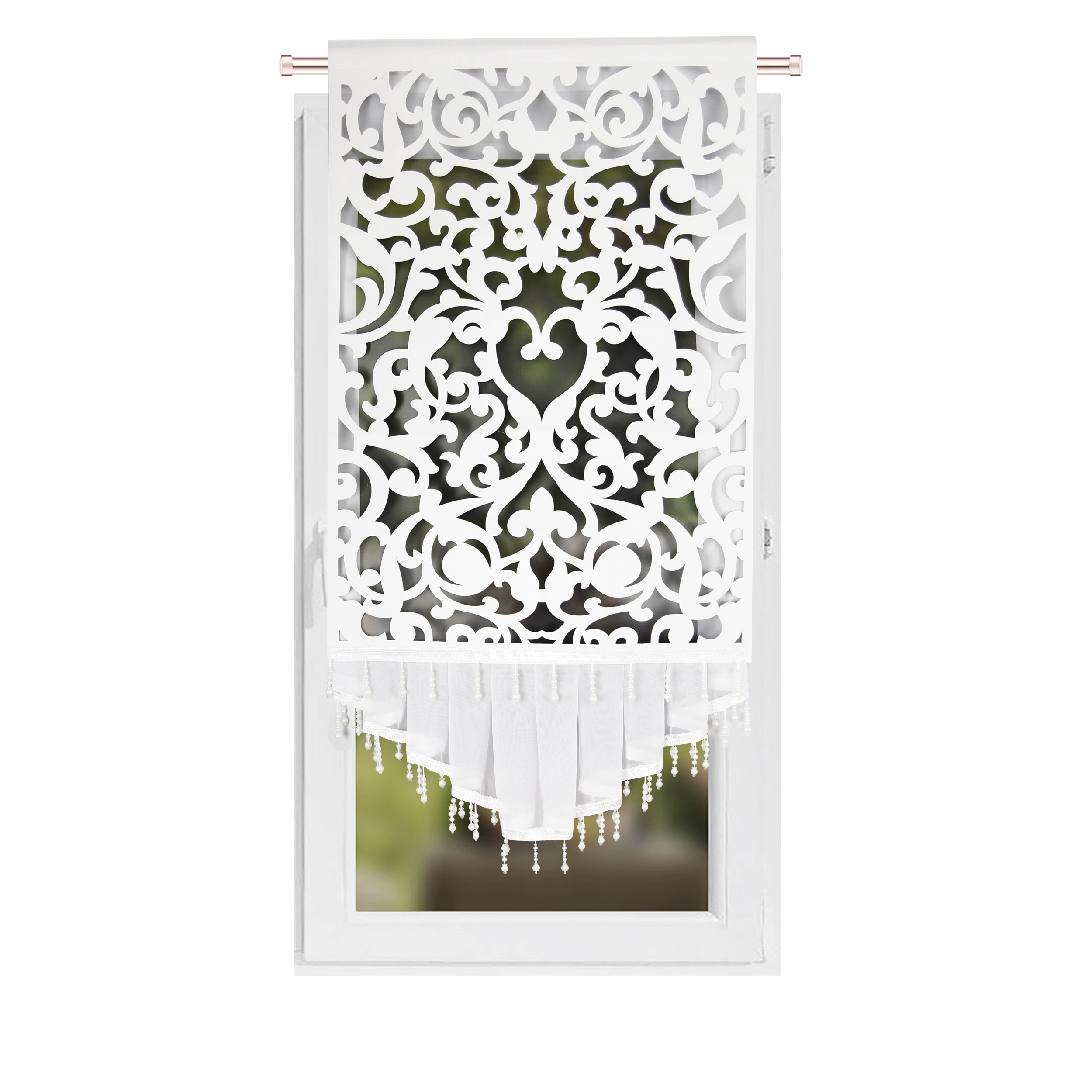 Image of Decorative Curtain, 1pc, 70×140cm, White Felt Openwork Panel With Barishe Pleated Edges And Bead Decorations, Suitable For Bedrooms/living Rooms/dining Rooms, Modern Window Decoration With Rod Design