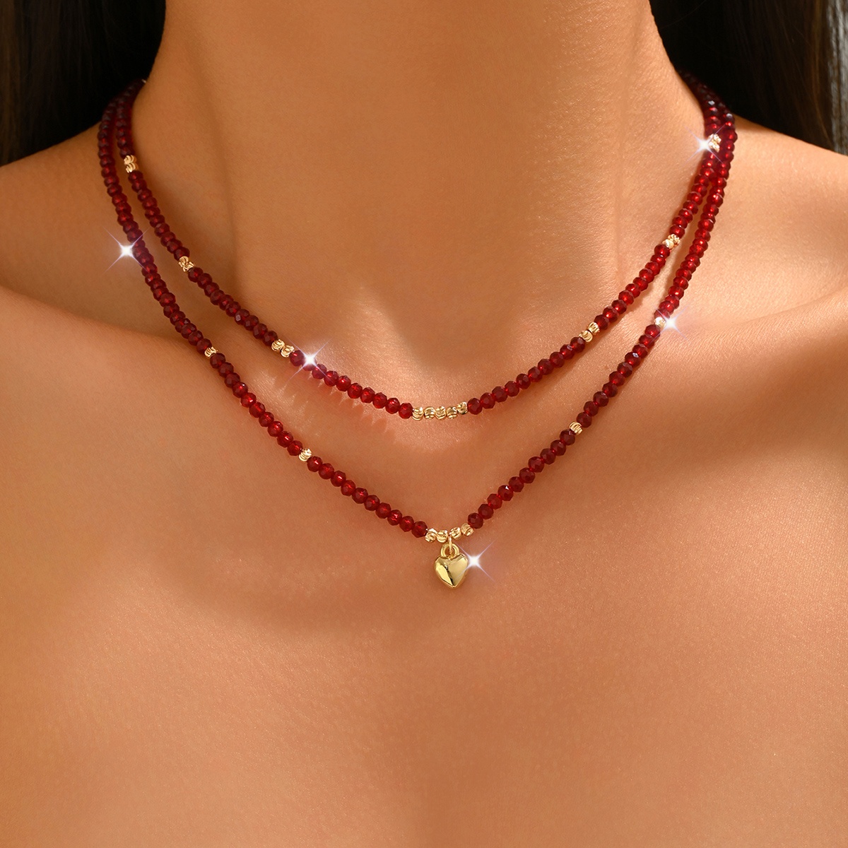 TEMU 2pcs Women Bohemian Vintage Heart Pendant Burgundy Artificial Crystal Beaded Adjustable Necklace, For Daily Vacation Banquet Wear, Valentine's