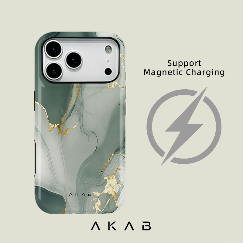 TEMU Phone Case: Akab Sage Green Marble Agate Film 2-in-1 Magnetic Phone Case For Iphone 17 16 15 14 13 12 11 Pro Air 16e, Dual-layer Full-coverage