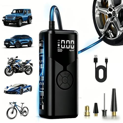 item picture wireless portable air compressor tire inflator pressure gauge car tire pump 150psi powerful rechargeable with led light digital pressure display automatic stop suitable for cars motorcycles bicycles
