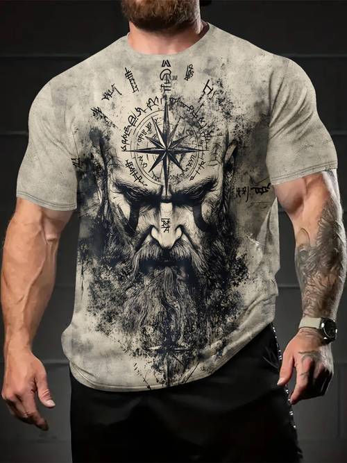 Men S Viking Compass Graphic T-Shirt - Lightweight Summer Tee with Bearded for Man Design, Breathable Round Neck Shirt for Gym, Outdoor, Casual Streetwear - Machine Washable Everyday & Party Top for Men, Viking Shirt, Outdoor Apparel, Print, , Short Sleeve Shirt, , Gym Wear, Street Fashion, Durable Construction, Print Top, Adult Clothing