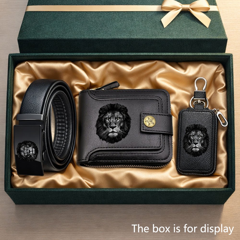 TEMU 3pcs Premium Men's Wallet Set, Lion Silhouette Print Design, Business Men's Wallet And Belt Key Holder Matching Set, Office And Daily Wear Ideal