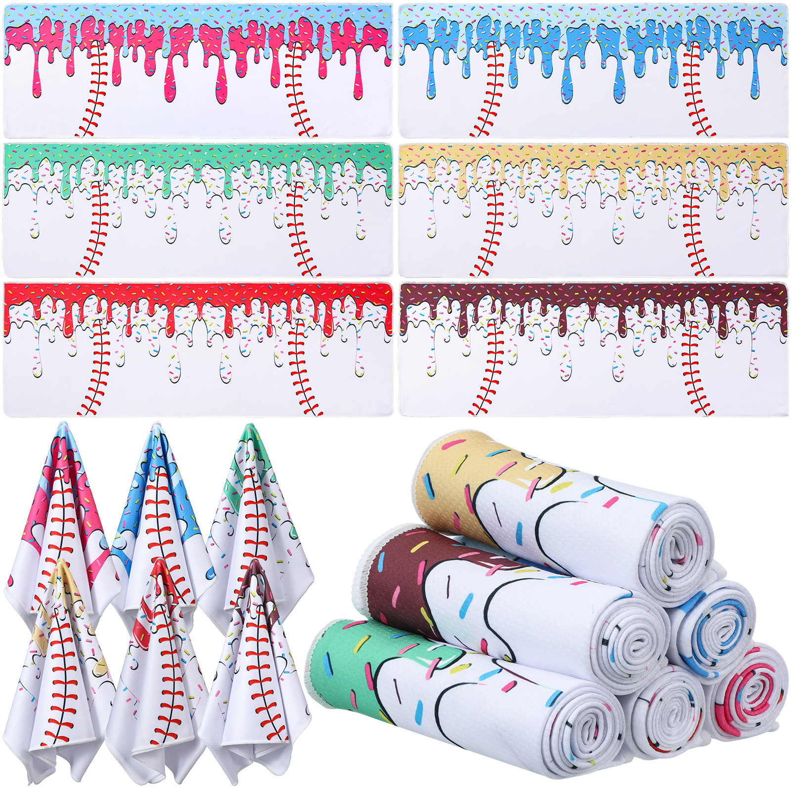 12 Mini Cooling Towel, 30 X 9 Baseball Softball Soccer Golf Sweat Towel, Breathable Rag, Microfiber Sport Rags For Team Gym Running Gift (baseball Ice Cream, Multicolor)