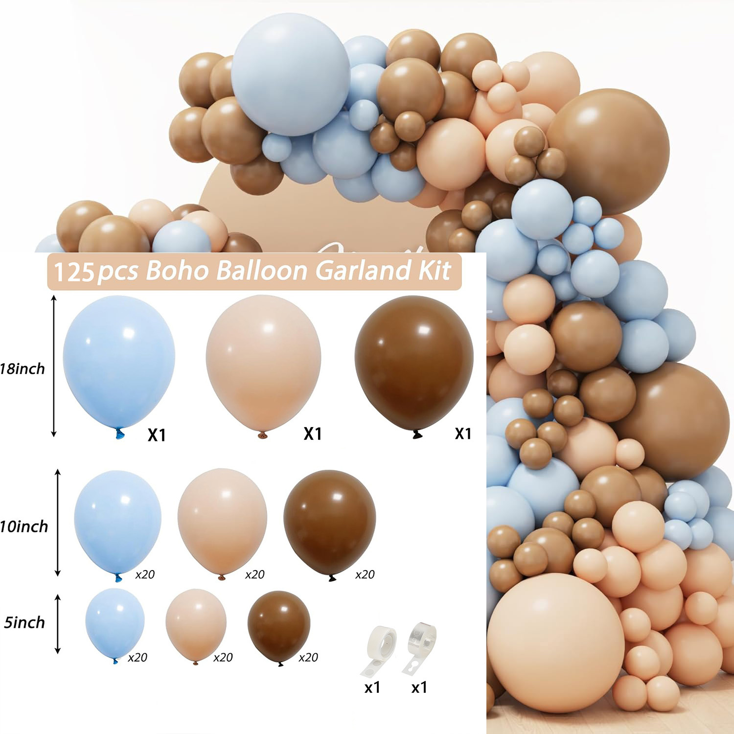 Image of 125pcs Dusty Blue And Brown Balloon Garland Arch Kit, Bear Shower Decoration With Boho Brown Light Beige Blue Balloons For Shower, Gender Reveal And Birthday Party Decoration For Christmas, Halloween