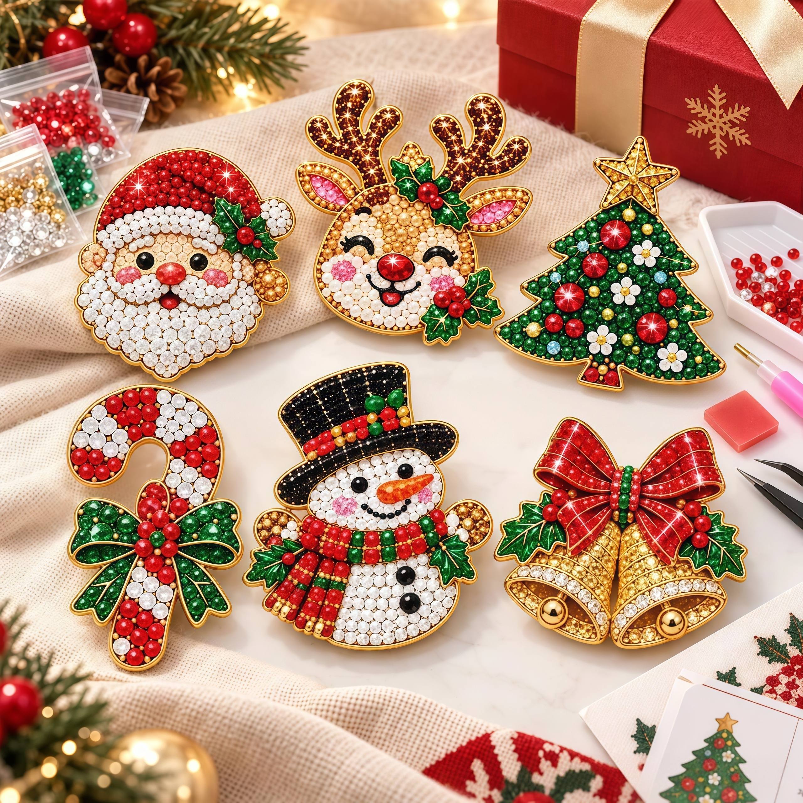 TEMU 6pcs 2d Flat Pearl Diamond Painting Kit, Diy Pearl Diamond Painting Acrylic Pendant Set, Christmas Theme 2d Flat , Diy Full Handmade Diamond