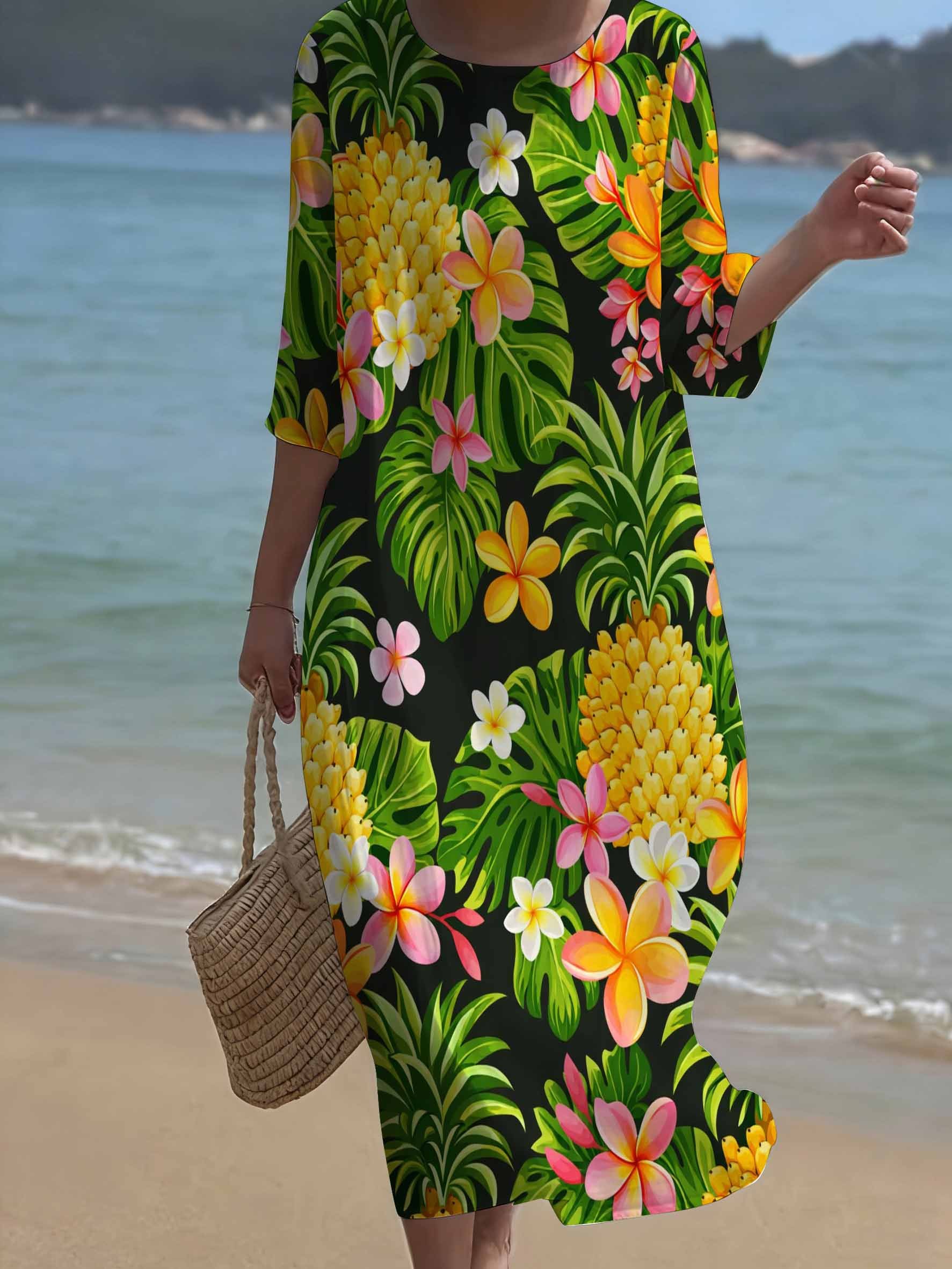 chinese dress ladies Aika Hawaiian Pattern, Soft, Cool, Thin, Chiffon, Maxi Length, Open Back, Loose, A-Line, Sleeveless, Resort Dress main image 1