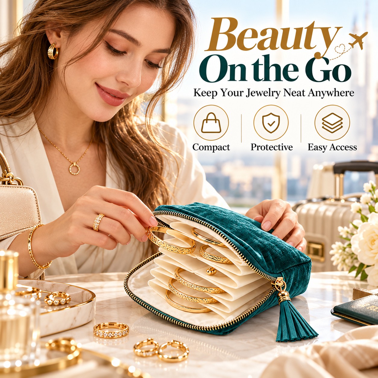 Portable Velvet Tassel Jewelry Organizer with Zipper Closure