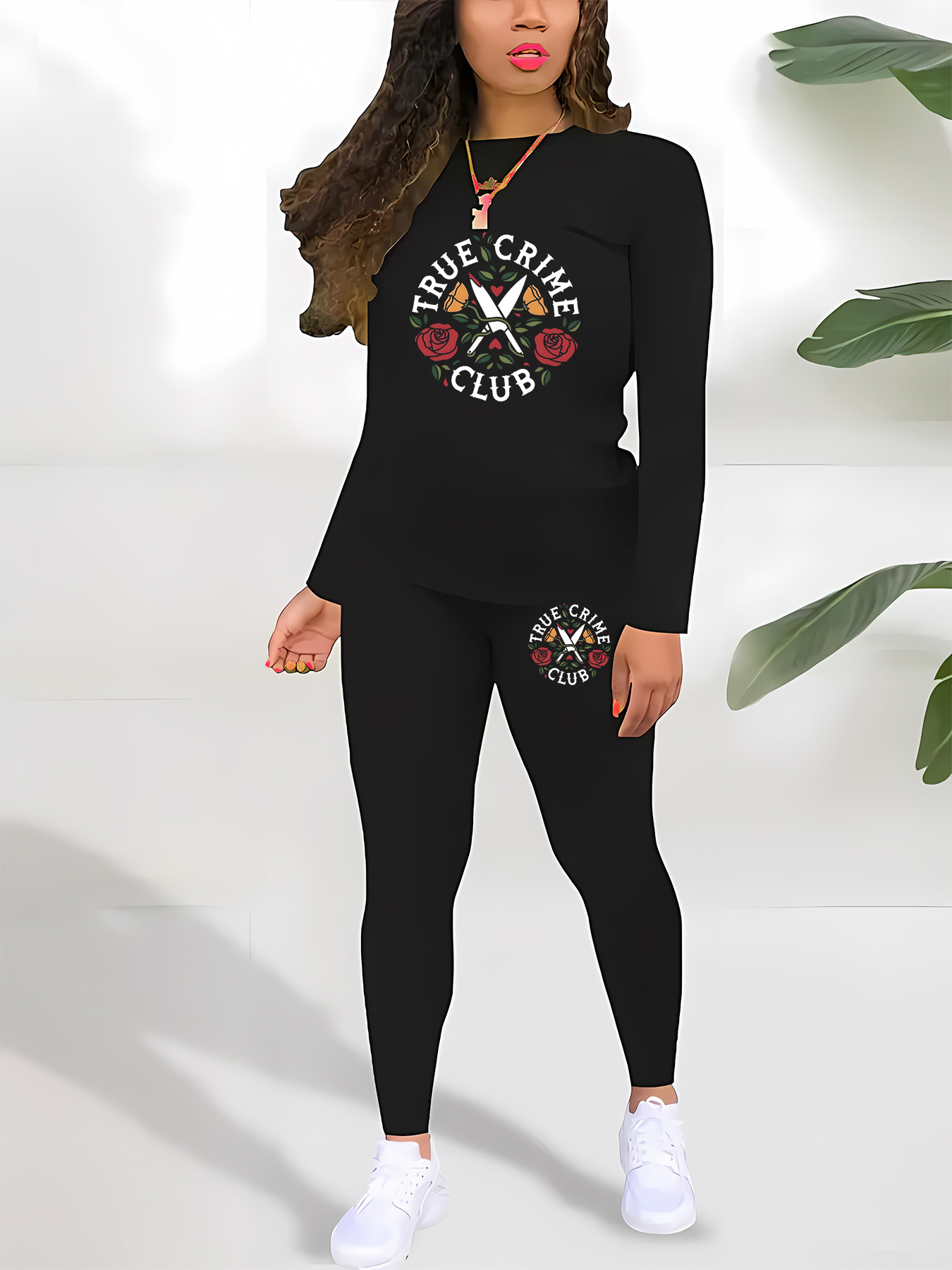 womens casual long sleeve crew neck top stretchy leggings set   club graphic print black polyester blend comfortable stylish for fall winter fall winter apparel   print top polyester blend 0