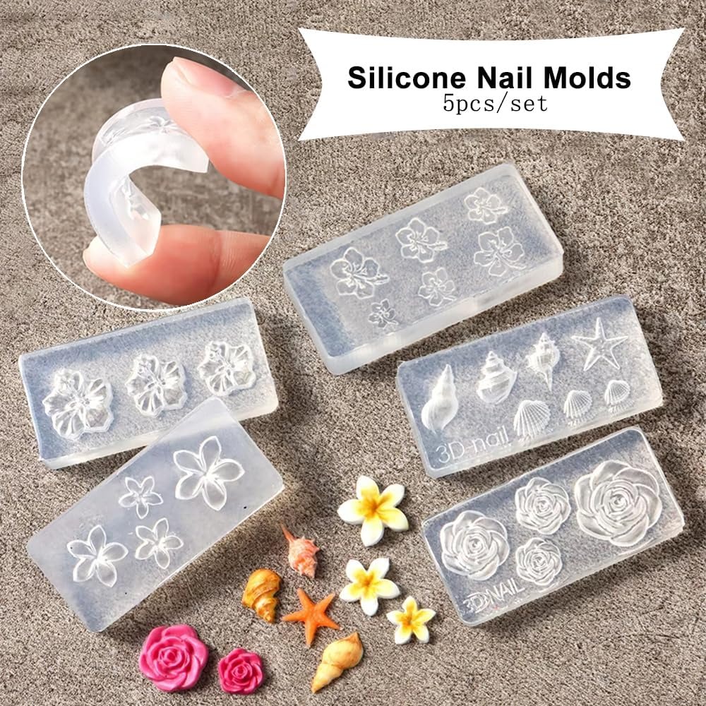E-shop 5 Stück Blumenmuster Ozean Stil Harz Nagelform Silikon Nagelkunst Dekoration Rose Plumeria Muster Wiederverwendbare Blumen Schnitzform