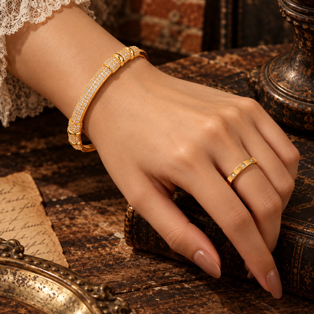 2pc Unisex Segmented Pave Zirconia Bracelet & Square Detail Ring Set