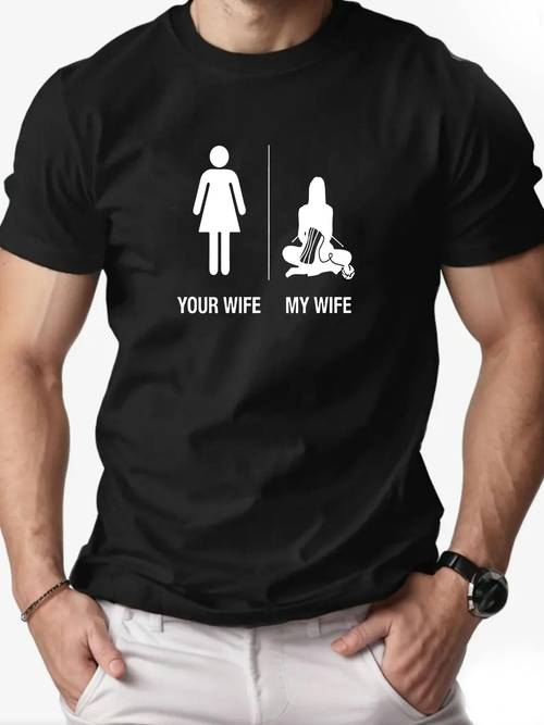 mens your wife my wife pattern summer casual crew neck short sleeve t shirt regular fit fabric with