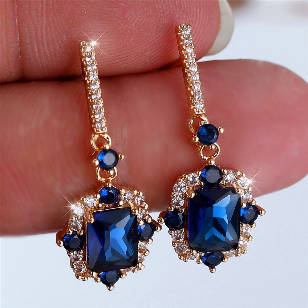 TEMU de Lujo con Corte Rectangular Dorado y Zirconia Sintética Azul - Diseño con Halo, Regalo de Joyería para San Valentín, Fiestas y Festivales