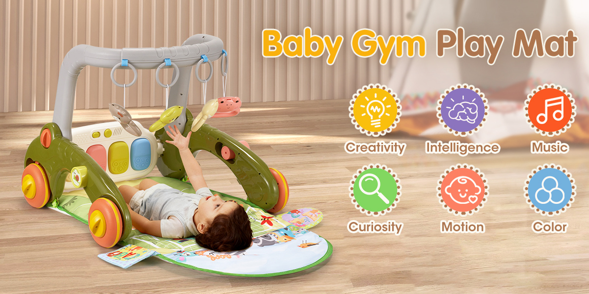 7-in-1 Baby Play Mat, Kick And Play Piano Gym with Portable Musical Toy, Adorable Animal-Themed Baby Play Gym, Tummy Time Mat Promote Motor Skills & Sensory Development Mat for Newborn Baby, Green, Blue, Pink, Yellow, Baby Play Mat Activity Center