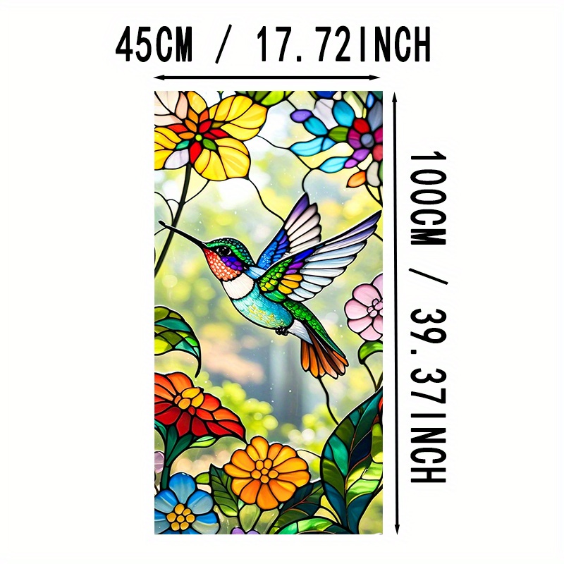 TEMU 1pc Hummingbird & Floral Stained Glass Window Film, 17.72 X 39.37 Inches - Vibrant Pvc, Static Cling Decor With Leaves, Red Roses, And More,