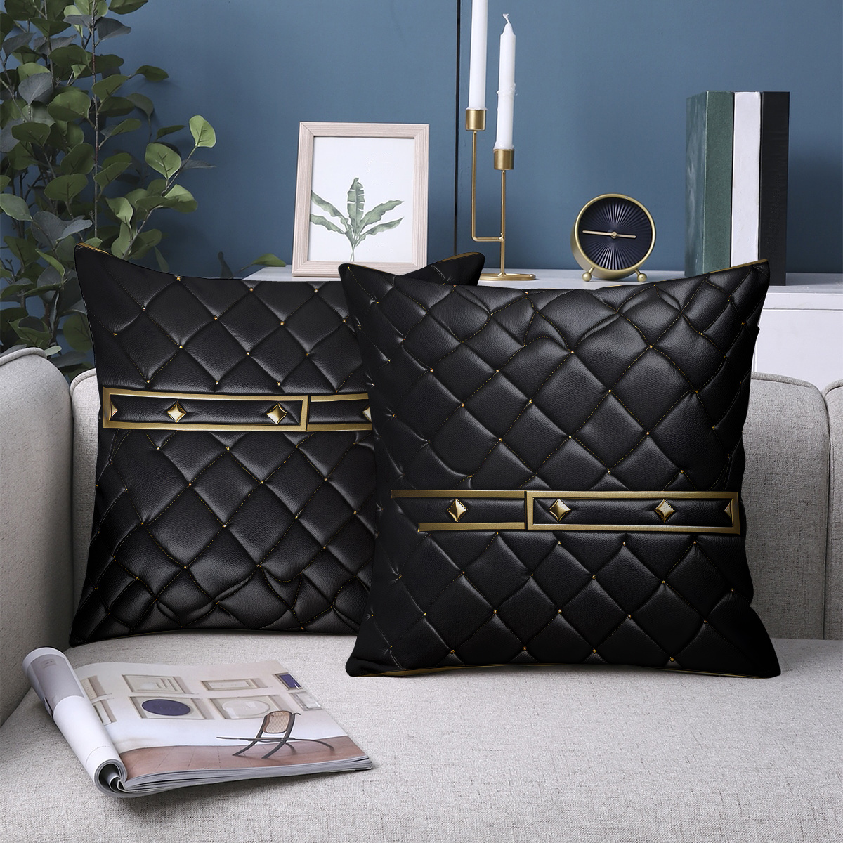 

2pcs Modern Black Quilted Throw Pillow Covers, 18x18 Inch, Double-sided Print, Polyester, Zipper Closure, Machine Washable, Decorative Cushion Cases For Room Decor - No Insert